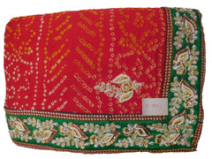 The Show Stopper Red Designer Bridal Pure Bhandhej (Bandhani) Hand Embroidery Bullion Dabka Zardoji Zari Thread Beads Cutdana Stone Work Wedding Saree Sari