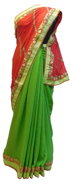 Red & Green Designer PartyWear Georgette (Viscos) Thread Zari Beads Pearl Stone Hand Embroidery Work Saree Sari