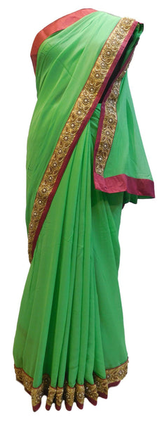 Green Designer PartyWear Georgette (Viscos) Beads Pearl Stone Hand Embroidery Work Saree Sari