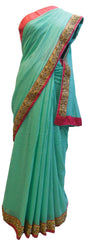 Turquoise Designer PartyWear Georgette (Viscos) Beads Pearl Stone Hand Embroidery Work Saree Sari