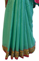 Turquoise Designer PartyWear Georgette (Viscos) Beads Pearl Stone Hand Embroidery Work Saree Sari