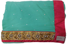 Turquoise Designer PartyWear Georgette (Viscos) Beads Pearl Stone Hand Embroidery Work Saree Sari