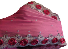 Pink Designer Bridal PartyWear Georgette Thread Beads Stone Work Wedding Cutdwork Border Saree Sari