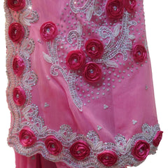 Pink Designer Bridal PartyWear Georgette Thread Beads Stone Work Wedding Cutdwork Border Saree Sari