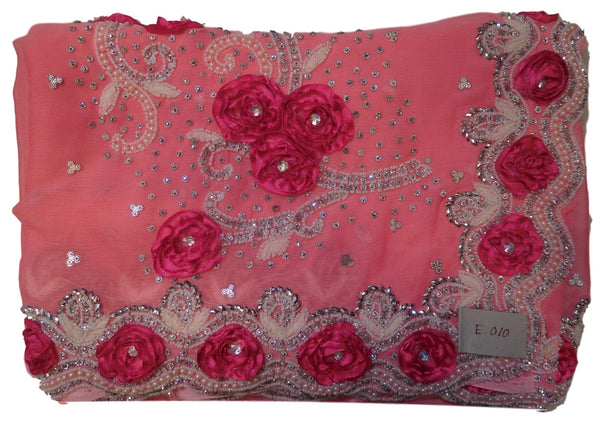 Peach Designer Bridal PartyWear Georgette Thread Beads Stone Work Wedding Cutdwork Border Saree Sari