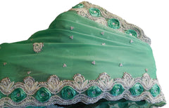 Green Designer Bridal PartyWear Georgette Thread Beads Stone Work Wedding Cutdwork Border Saree Sari