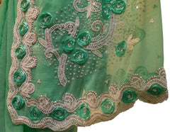 Green Designer Bridal PartyWear Georgette Thread Beads Stone Work Wedding Cutdwork Border Saree Sari