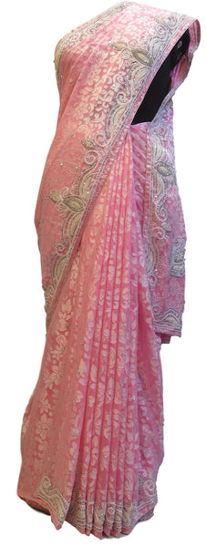 Pink Designer Bridal PartyWear Brasso Thread Beads Stone Work Wedding Saree Sari