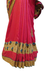 Pink Designer Bridal PartyWear Silk Zari Thread Cutdana Pearl Beads Stone Work Wedding Cutwork Border Saree Sari