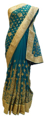 Turquoise Designer Bridal PartyWear Georgette Cutdana Zari Stone Work Wedding Saree Sari