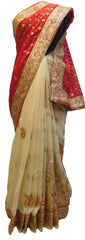 Red & Cream Designer PartyWear Brasso & Georgette Cutdana Pearl Thread Zari Stone Work Saree Sari