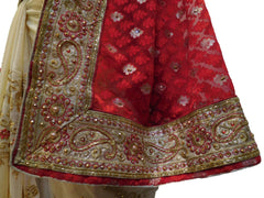 Red & Cream Designer PartyWear Brasso & Georgette Cutdana Pearl Thread Zari Stone Work Saree Sari
