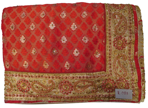 Red & Cream Designer PartyWear Brasso & Georgette Cutdana Pearl Thread Zari Stone Work Saree Sari