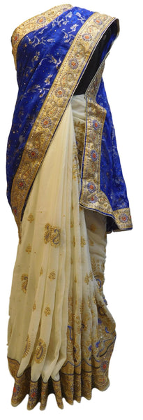 Blue & Cream Designer PartyWear Brasso & Georgette Cutdana Pearl Thread Zari Stone Work Saree Sari