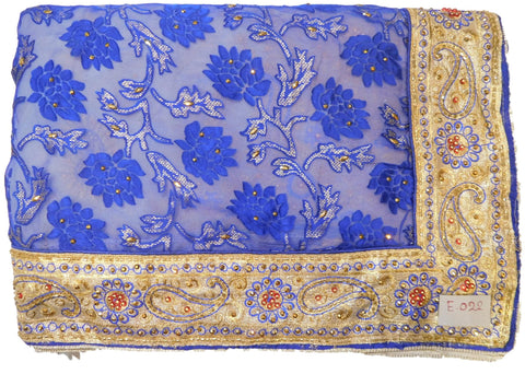 Blue & Cream Designer PartyWear Brasso & Georgette Cutdana Pearl Thread Zari Stone Work Saree Sari
