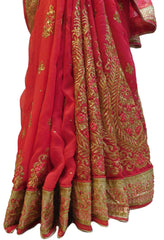 Red Designer PartyWear Brasso & Georgette Cutdana Pearl Thread Zari Stone Work Saree Sari