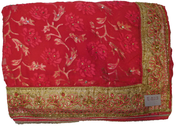 Red Designer PartyWear Brasso & Georgette Cutdana Pearl Thread Zari Stone Work Saree Sari