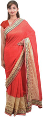 Red & Beige Designer PartyWear Georgette & Net Thread Zari Stone Work Wedding Saree Sari
