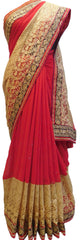 Red & Beige Designer PartyWear Georgette & Net Thread Zari Stone Work Wedding Saree Sari