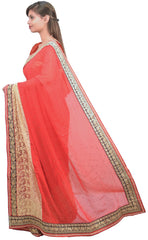 Red & Beige Designer PartyWear Georgette & Net Thread Zari Stone Work Wedding Saree Sari