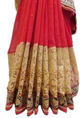 Red & Beige Designer PartyWear Georgette & Net Thread Zari Stone Work Wedding Saree Sari