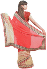 Red & Beige Designer PartyWear Georgette & Net Thread Zari Stone Work Wedding Saree Sari