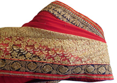 Red & Beige Designer PartyWear Georgette & Net Thread Zari Stone Work Wedding Saree Sari