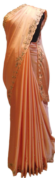 Peach Designer Bridal PartyWear Silk Bullion Pearl Beads Stone Work Wedding Cutwork Border Saree Sari