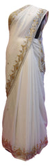 White Designer PartyWear Georgette Cutdana Stone Hand Embroidery Work Saree Sari