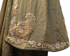 Brown & Mehndi Green Designer Bridal PartyWear Crepe Seuqence Beads Stone Work Wedding Saree Sari E036