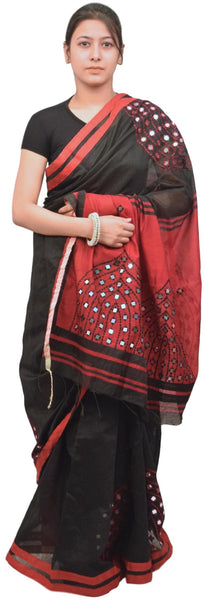 Red & Black Designer PartyWear Cotton (Chanderi) Thread Mirror Work Boutique Style Saree Sari E042