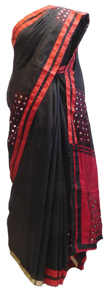 Red & Black Designer PartyWear Cotton (Chanderi) Thread Mirror Work Boutique Style Saree Sari E042