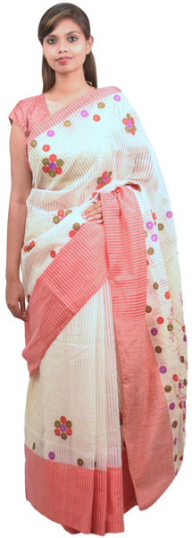 Cream & Pink Designer PartyWear Cotton Thread Work Boutique Style Saree Sari E043
