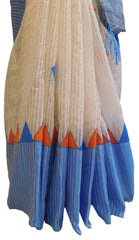 Cream & Blue Designer PartyWear Cotton Thread Work Boutique Style Saree Sari E044