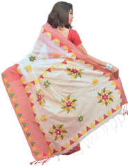 Cream & Pink Designer PartyWear Cotton Thread Work Boutique Style Saree Sari E046