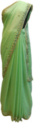 Green Designer Wedding Partywear Georgette Mirror Beads Stone Hand Embroidery Work Bridal Saree Sari E049