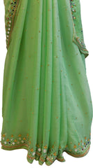 Green Designer Wedding Partywear Georgette Mirror Beads Stone Hand Embroidery Work Bridal Saree Sari E049