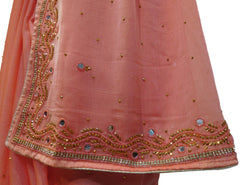 Peach Designer Wedding Partywear Georgette Mirror Beads Stone Hand Embroidery Work Bridal Saree Sari E050