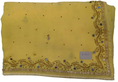 Yellow Designer Wedding Partywear Georgette Mirror Beads Stone Hand Embroidery Work Bridal Saree Sari E051
