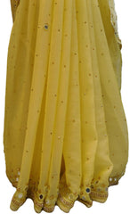 Yellow Designer Wedding Partywear Georgette Mirror Beads Stone Hand Embroidery Work Bridal Saree Sari E053