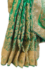 Green Designer Wedding Partywear Silk Zari Thread Cutdana Bullion Stone Hand Embroidery Work Bridal Saree Sari E054