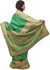 Green Designer Wedding Partywear Silk Zari Thread Cutdana Bullion Stone Hand Embroidery Work Bridal Saree Sari E054