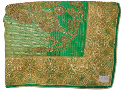 Green Designer Wedding Partywear Silk Zari Thread Cutdana Bullion Stone Hand Embroidery Work Bridal Saree Sari E054