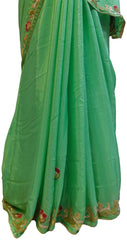 Green Designer Wedding Partywear Crepe (Chinon) Thread Bullion Pearl Sequence Cutdana Beads Hand Embroidery Work Bridal Saree Sari E057
