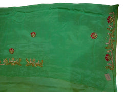 Green Designer Wedding Partywear Crepe (Chinon) Thread Bullion Pearl Sequence Cutdana Beads Hand Embroidery Work Bridal Saree Sari E057