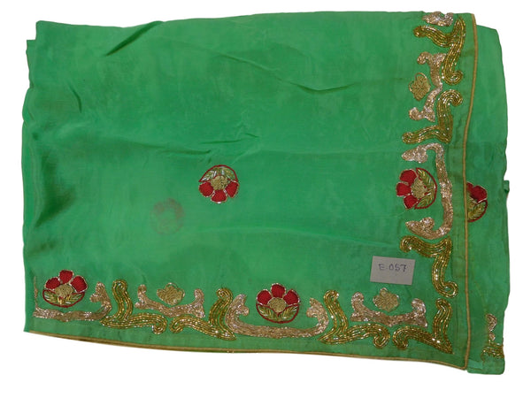 Green Designer Wedding Partywear Crepe (Chinon) Thread Bullion Pearl Sequence Cutdana Beads Hand Embroidery Work Bridal Saree Sari E057