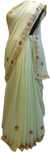 Pista Green Designer Wedding Partywear Crepe (Chinon) Thread Bullion Pearl Sequence Cutdana Beads Hand Embroidery Work Bridal Saree Sari E058