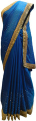 Blue Designer Wedding Partywear Silk Stone Beads Hand Embroidery Work Bridal Saree Sari E059