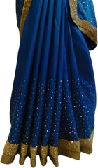Blue Designer Wedding Partywear Silk Stone Beads Hand Embroidery Work Bridal Saree Sari E059