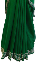 Green Designer Wedding Partywear Georgette Pearl Hand Embroidery Work Bridal Saree Sari E060